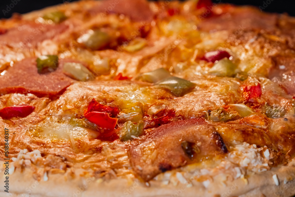 Burnt pizza with with sausage, mushroom, pepper, cheese in electric oven - close up, macro. Italian cuisine fast food, failure, problem concept Burnt pizza with with sausage, mushroom, pepper, cheese in electric oven - close up, macro. Italian cuisine fast food, failure, problem concept