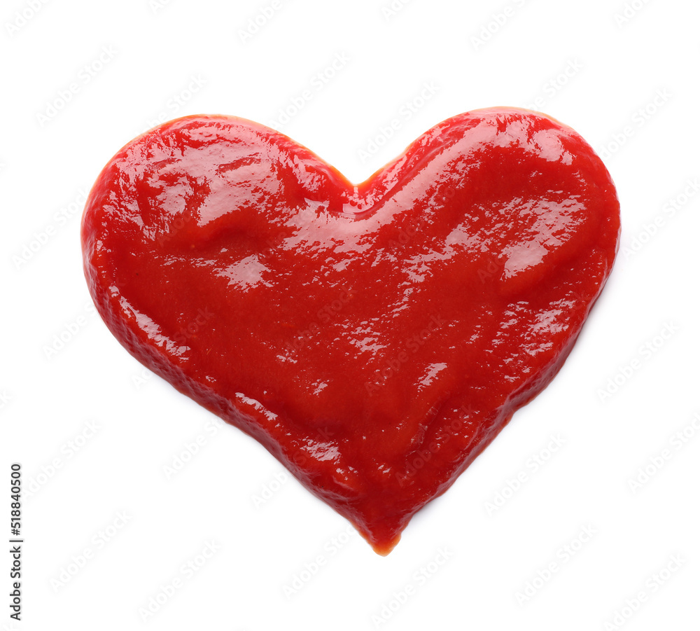 Heart made of tasty ketchup isolated on white, top view