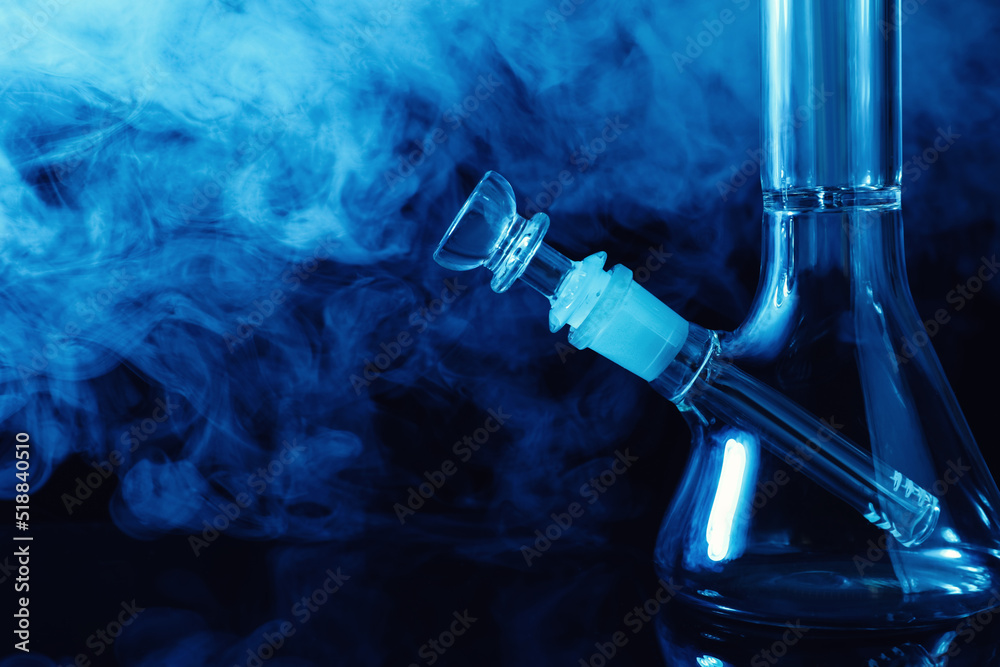 Ταπετσαρία Closeup view of glass bong with smoke on black background, space for text