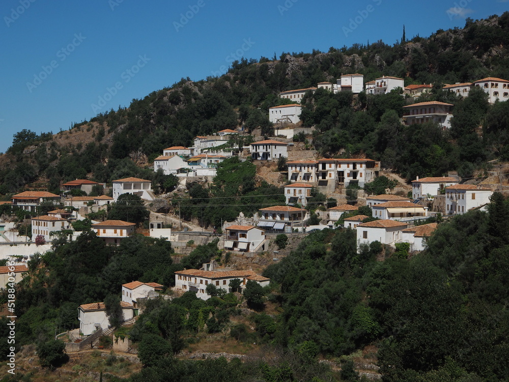 Dhermi, Albania: Coastal village of Dhermi with white houses on the slope of mountains. Albania