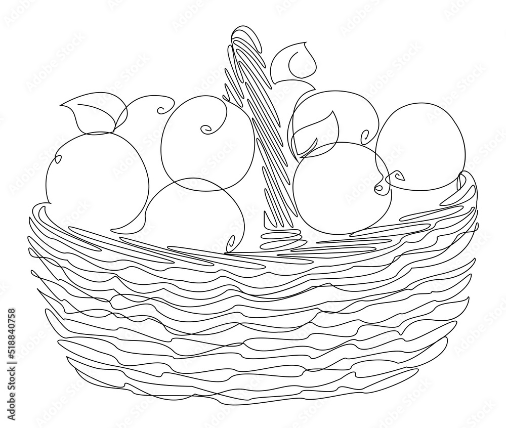 Basket with ripe tangerines, oranges. Picture in modern single line style. Solid line, decor outline, posters, stickers, logo. Vector illustration.