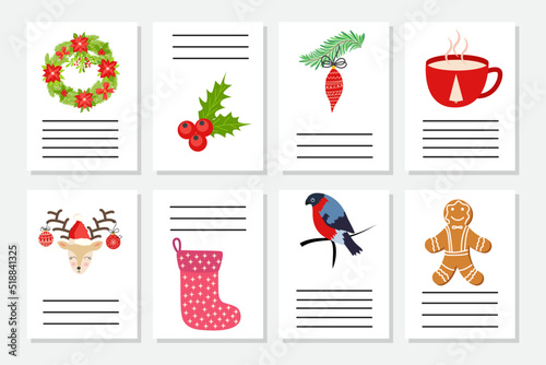 Set of Christmas greeting or invitation. Postcards with New Years symbols, Christmas tree, snowflakes, gifts, candy cane