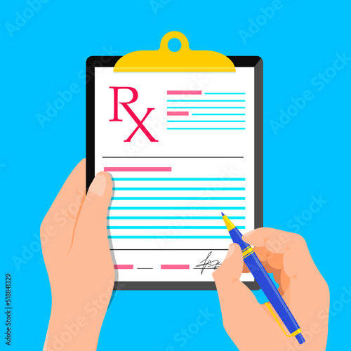 Rx medical prescription. Doctor writing signature rx recipe form modern flat design. Health care. Medical insurance. Vector illustration 10 eps
