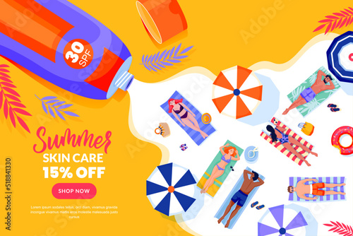 People sunbathing on beach. Poster or banner with liquid sunblock cream background. Vector illustration
