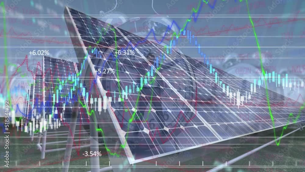 Animation of globe, alarm clock and financial data and graphs over solar panels Animation of globe, alarm clock and financial data and graphs over solar panels