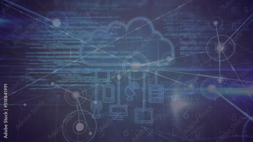 Animation of network of connections, cloud with icons and data over navy background Animation of network of connections, cloud with icons and data over navy background