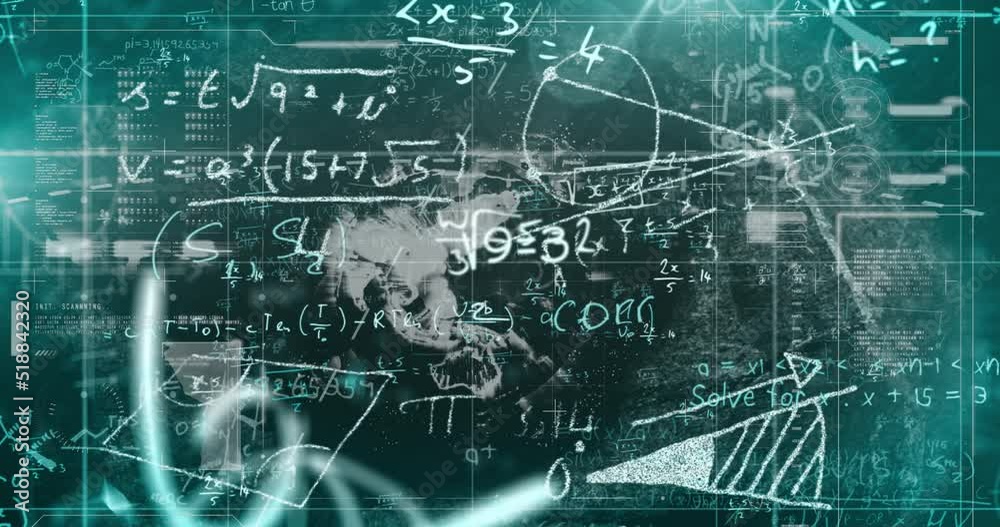 Animation of mathematical equations and data processing on green background Animation of mathematical equations and data processing on green background