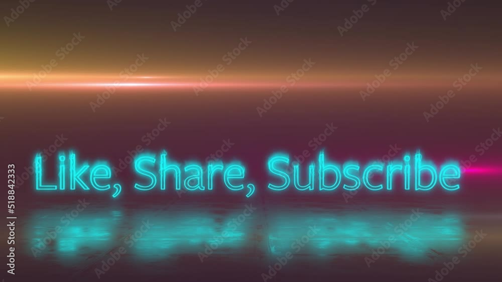 Animation of neon like, share, subscribe on orange background