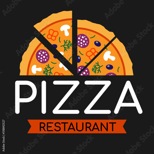 Pizzeria logo template. Pizza vector emblem on a chalkboard. Vector emblem for fast food, food delivery service, restaurant or cafe.