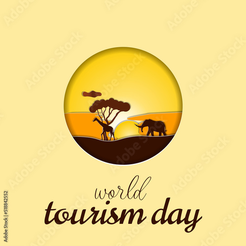 a postcard in the style of paper cut . world Tourism Day .