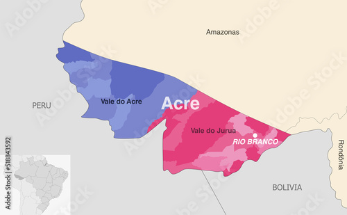 Brazil state Acre administrative map showing municipalities colored by state regions (mesoregions)