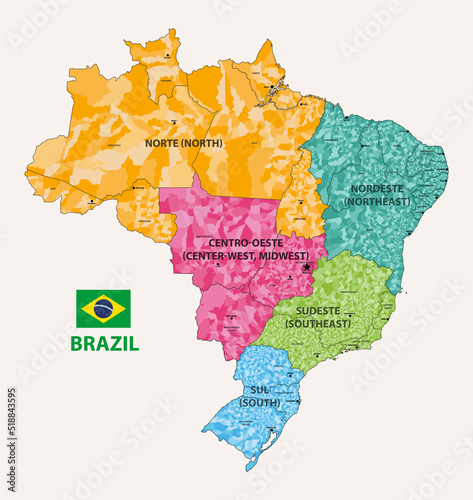 Brazil states and municipalities detailed vector map colored by regions