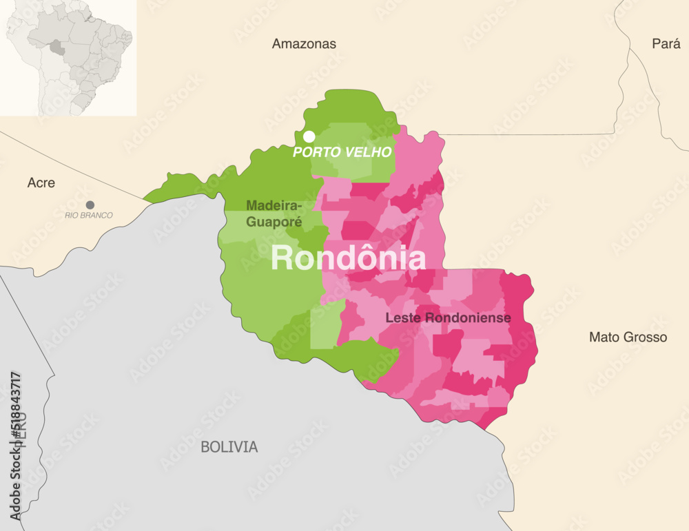 Brazil state Rondonia administrative map showing municipalities colored