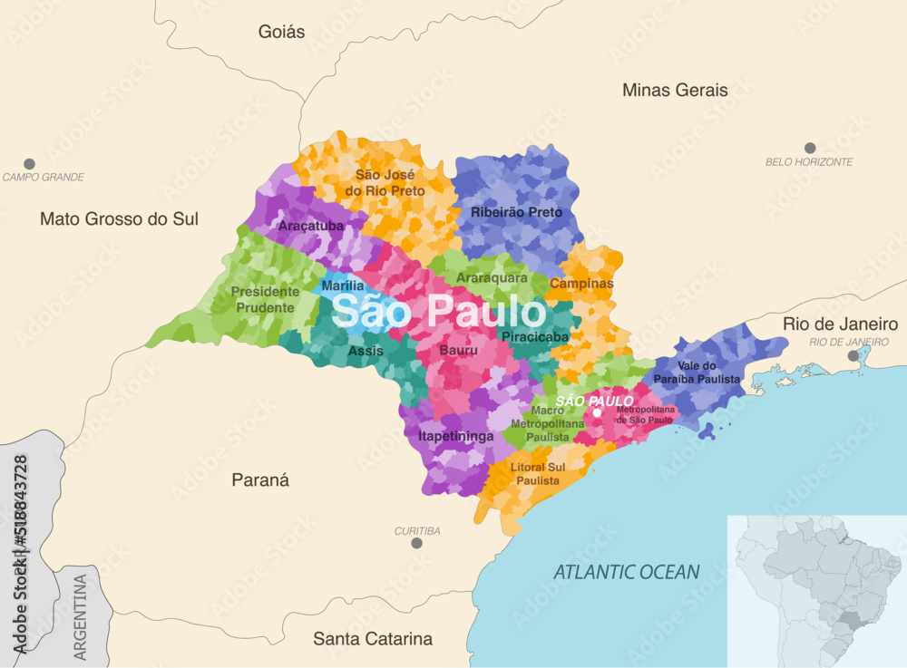 Brazil state Sao Paulo administrative map showing municipalities colored by state regions (mesoregions)
