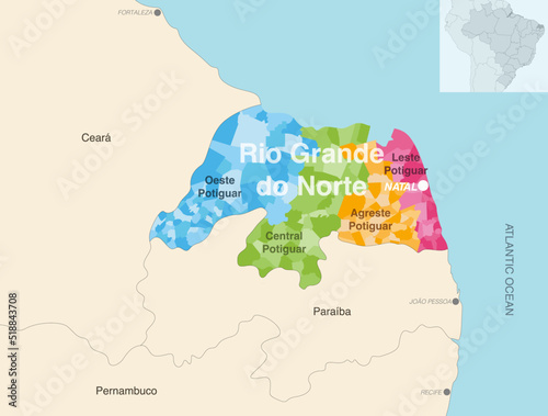 Brazil state Rio Grande do Norte administrative map showing municipalities colored by state regions (mesoregions)