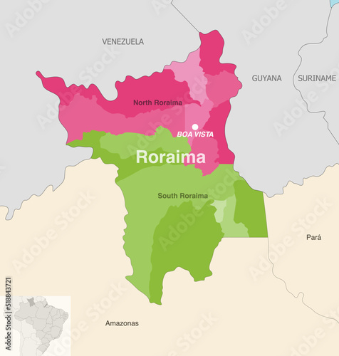 Brazil state Roraima administrative map showing municipalities colored by state regions (mesoregions) photo