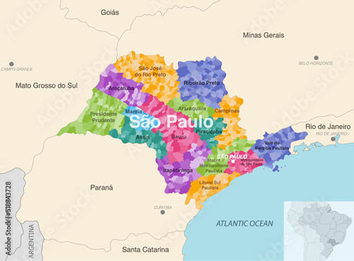 Brazil state Sao Paulo administrative map showing municipalities colored by state regions (mesoregions)