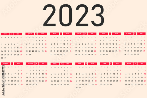 2023 year calendar in Turkish language.
Monday is the beginning of the week.