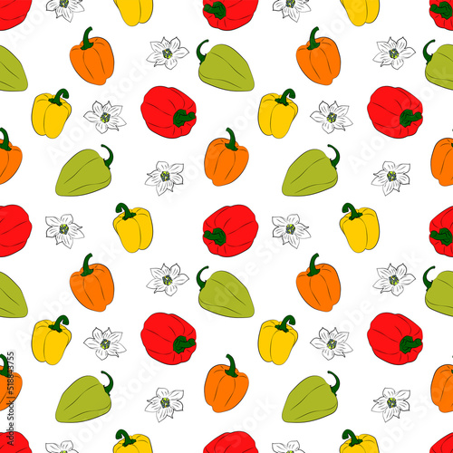 Fototapeta Naklejka Na Ścianę i Meble -  A set of seamless backgrounds with sweet peppers, leaves and flowers. Vector graphics