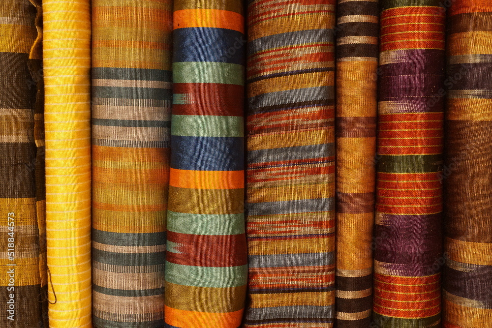 striped patterned rows of colored silk fabrics
