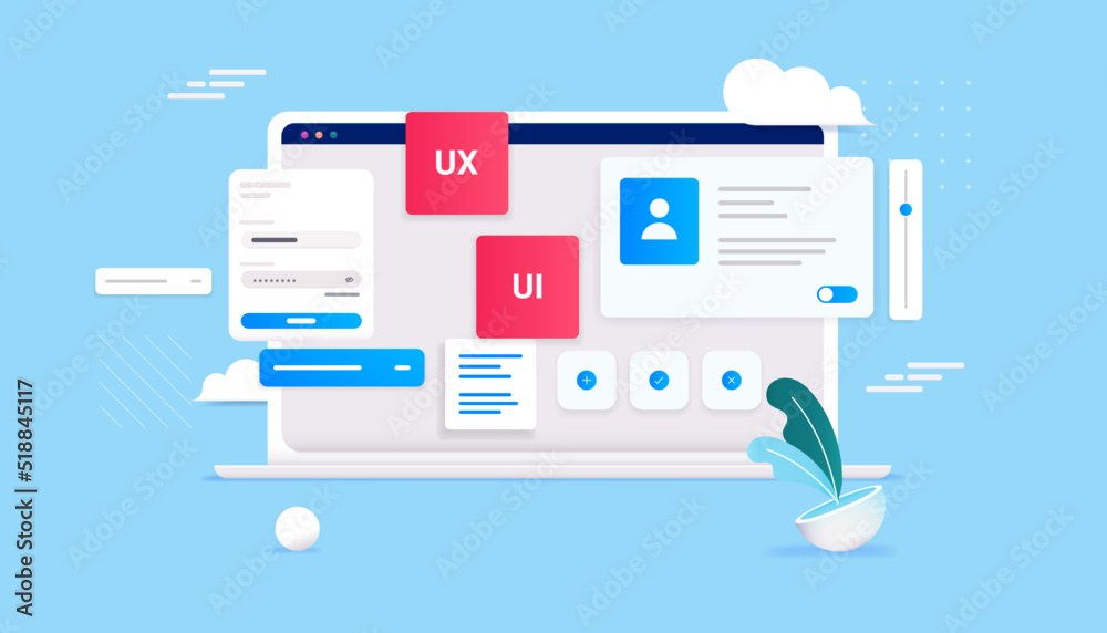 Ux and Ui development - Laptop computer with web design elements in decorative vector illustration Ux and Ui development - Laptop computer with web design elements in decorative vector illustration