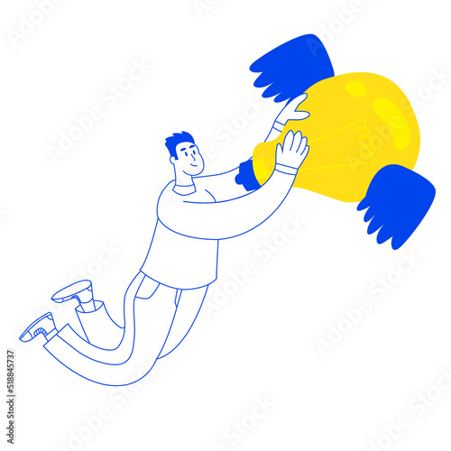 Creative man flies on a light bulb with wings. The concept of finding an amazing idea, creative inspiration, business insight. Doodle vector illustration