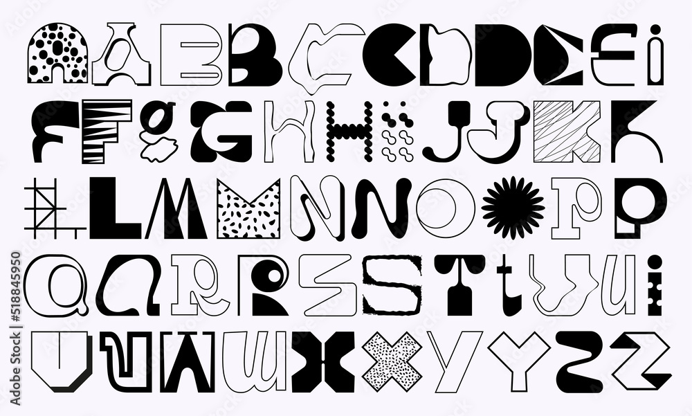 Large set of random letter shapes. English alphabet from geometric capital letters of eclectic shapes. Brutalism modern font type. Condensed and Bold font from geometric objects.
