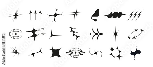 Set of vector icons of acid flare shapes and arrows. supernova explosion space figures in Y2k korean style