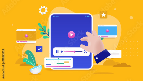Video editing app on tablet device - Vector illustration of hand working to edit movie in application on the screen