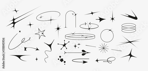 Set of icons of acid flare shapes and arrows. supernova explosion space figures in Y2k korean style. Vector illustration