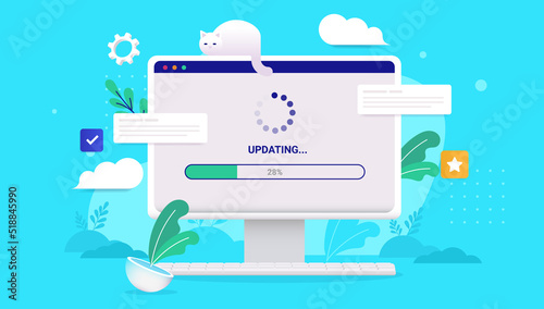 Computer update - Desktop PC screen with load bar and loading wheel waiting to be updated. Vector illustration