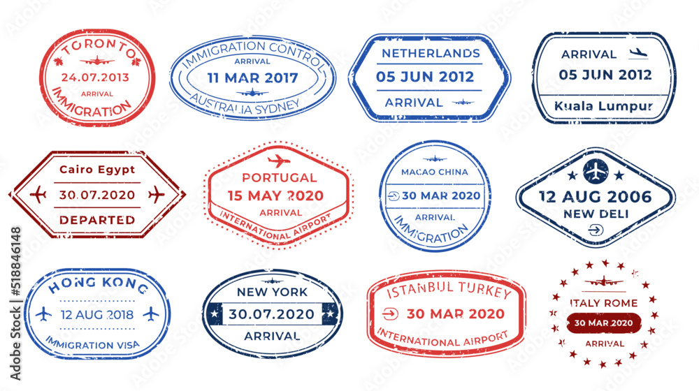 Vetor de Passport stamps visa arrival deportation and visiting countries. Traveler set of