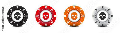A set of colorful poker chips with a skull sign on them. Casino chips with death symbol. Flat vector illustration.