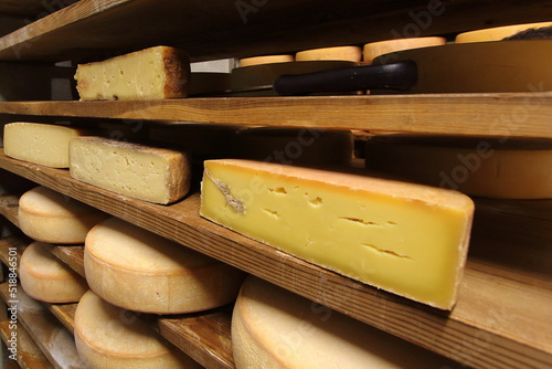 Bettelmatt cheese wheels, typical for Alpe Crampiolo (Piedmont, Italy) maturing by ancient Italian tradition for three months on shelves of a storehouse 