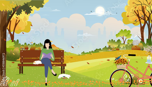 Autumn landscapes city park with woman sitting on bench reading a book in the morning,Vector cartoon fall season in the garden with clouds orange, blue sky and clouds background