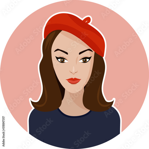 Awesome avatar of a brunette woman in red beret. Girl portrait in minimalistic flat style. Social media avatar.