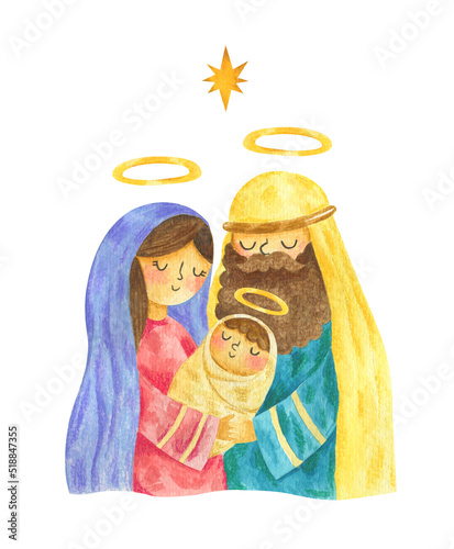 Watercolor illustration - nativity of Jesus Christmas. Virgin Mary, Joseph and baby Jesus. Religious scene. Hand drawn Holy family in cartoon style. © Natasha