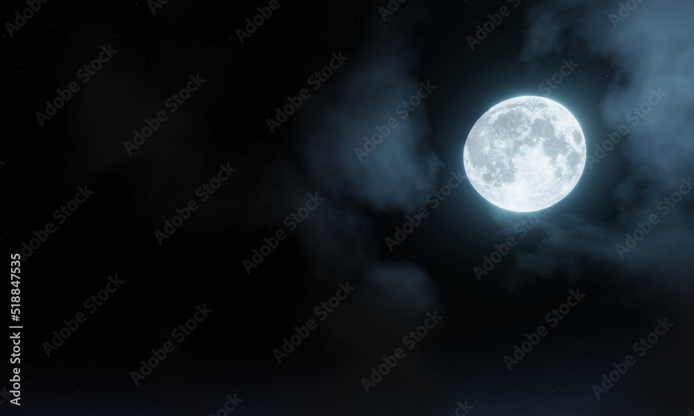 full moon shining halo a few white clouds Float in the night sky. Full moon night with twinkling stars. Fill the sky. Clear open. 3D Rendering.