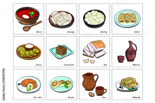 Set of 12 dishes of national Ukrainian cuisine, names of dishes in English, flat vector, isolate on white