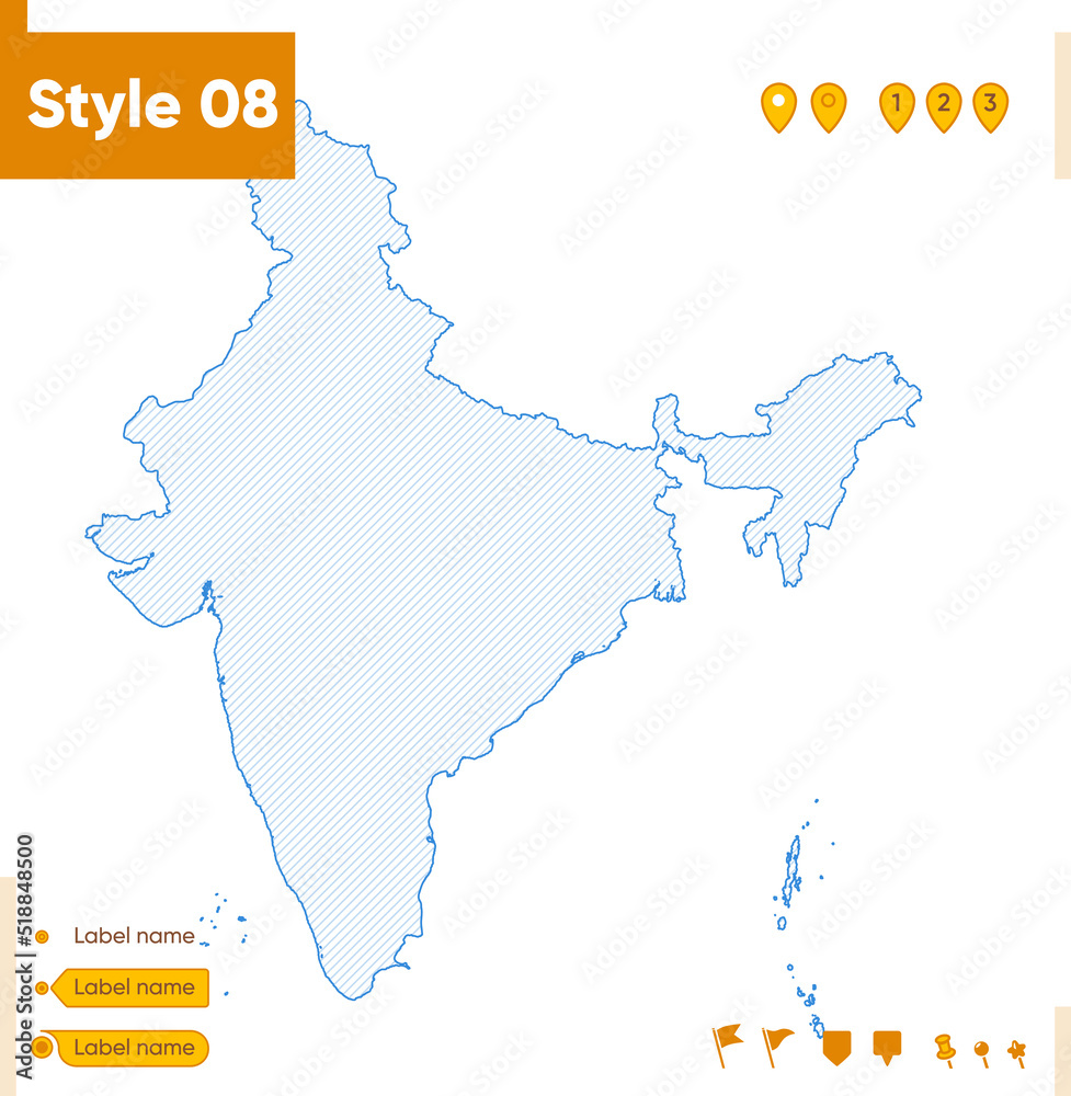 India - grid map isolated on white background. Outline map. Simple line, vector map.