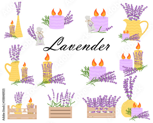 Delicate lavender set of lavender flowers in yellow vases, lavender candles, lavender bouquets.