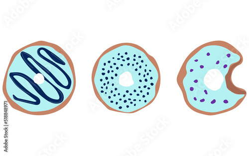 set of three donuts with blue icing donut icon, vector illustration.