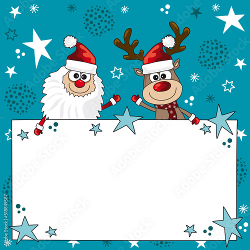 heiligabend banner rentier und weihnachtsmann cartoon