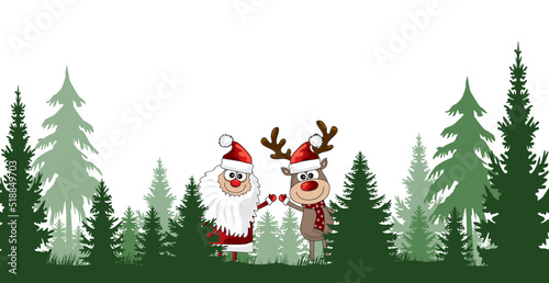 Weihnachtskarte Fröhliche Rentiere und Weihnachtsmann, hand gezeichneter Cartoon mit grünem Tannenwald Hintergrund in CMYK, Druck photo