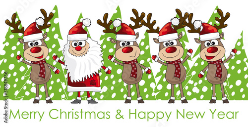 Cartoon Weihnachtskarte mit fr  hlichen Rentieren und Weihnachtsmann in Schneelandschaft mit gr  nen Tannenb  umen