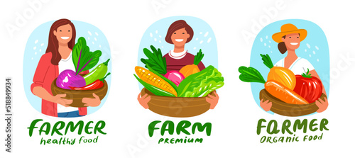 Farmer woman with fresh vegetable. Farming, rural life, gardening ,agriculture set concept. Flat cartoon