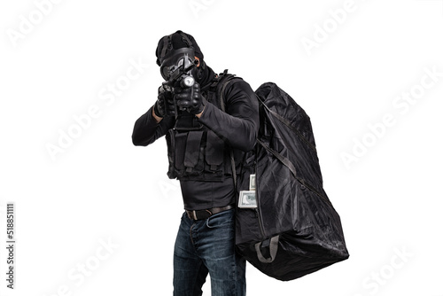 robber with a gun and a bag of money isolated on white background