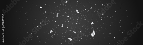 Confetti silver. Bright particles on black backdrop. Realistic silver serpentine. Christmas shining sparkles. Anniversary confetti. Falling glitter. Vector illustration