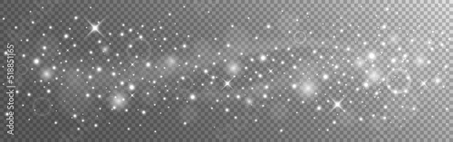 Glowing light effect. Silver sparkling wave. Christmas wide decoration for poster or banner. White stars and particles. Magic glittering effect. White dust and sparks. Vector illustration
