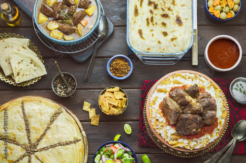 Arabic cuisine; Middle Eastern traditional lunch. It's also a meat-based meal to celebrate 